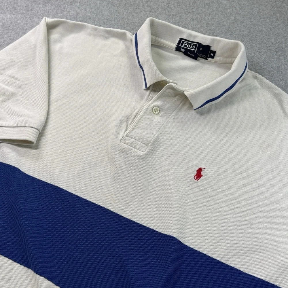 Y2K Polo by Ralph Lauren Colorblock‎ Polo Shirt XL Cream Navy Stripe Vintage